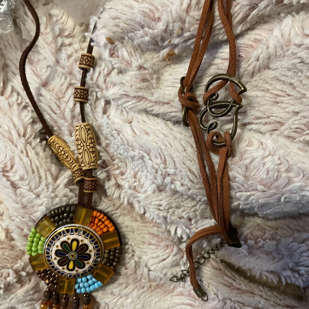 Bohemian Beaded Necklace with Brown Cord